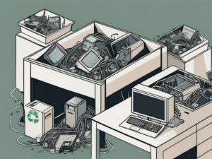 Drawing of old computers in a pile getting ready for recycling