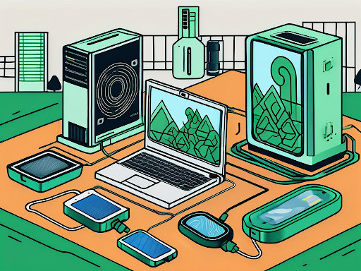 Desktop computers, laptop, cell phones, and servers connected and getting ready for e-waste recycling